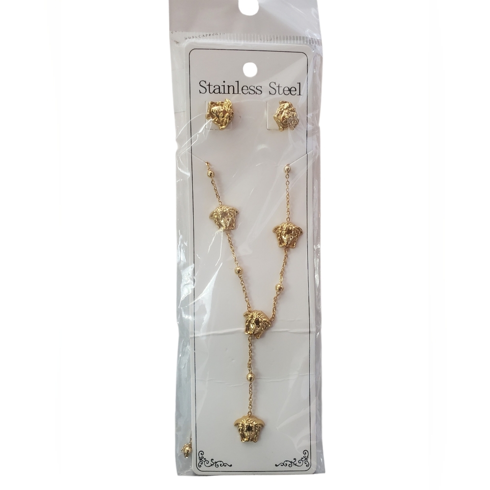 Gold Stainless Steel Lion Head Necklace & Earring Set